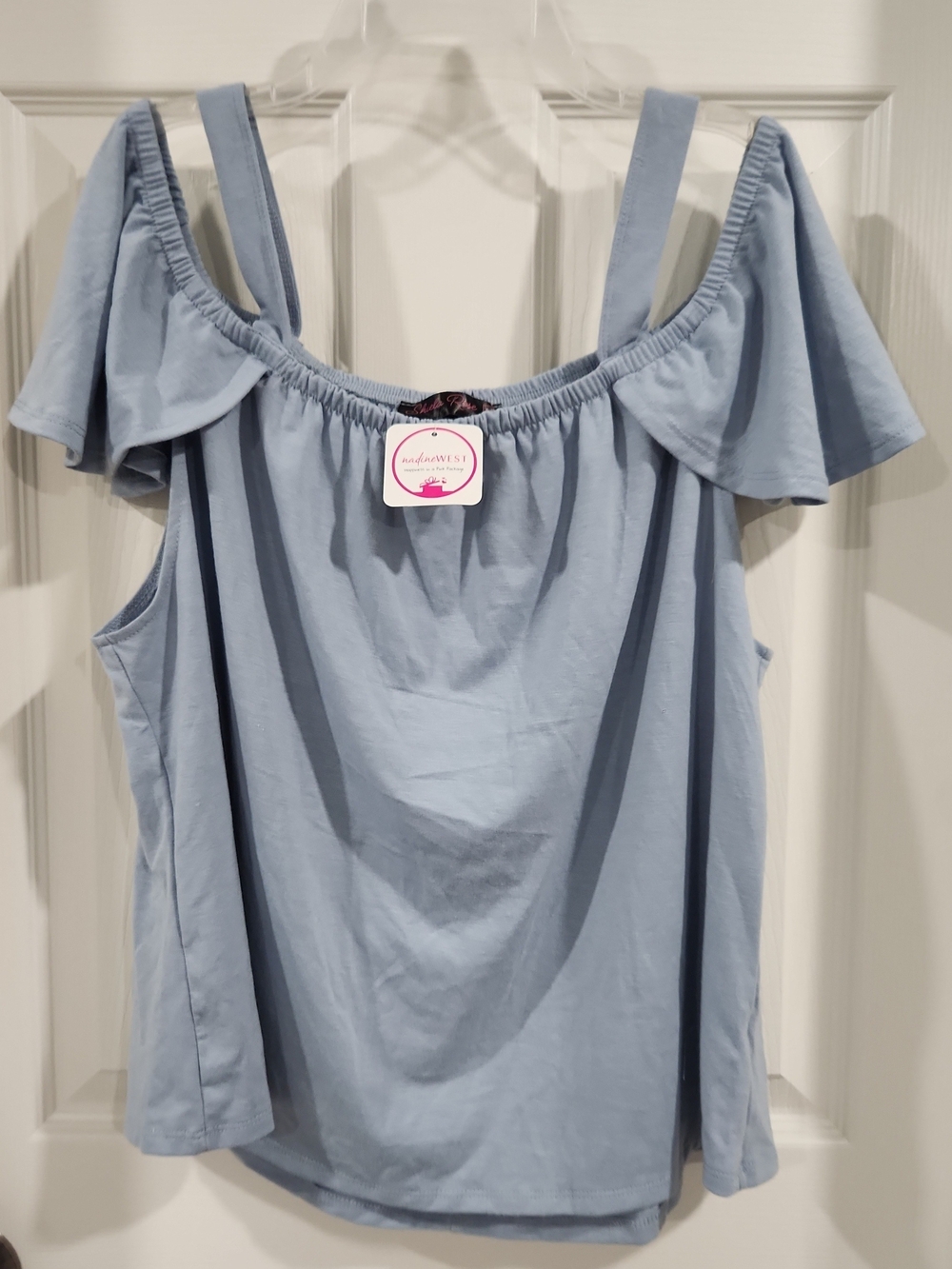 NWT Sheila Rose Nadine West Blue Cold Shoulder Ruffle Blouse Top Womens Large